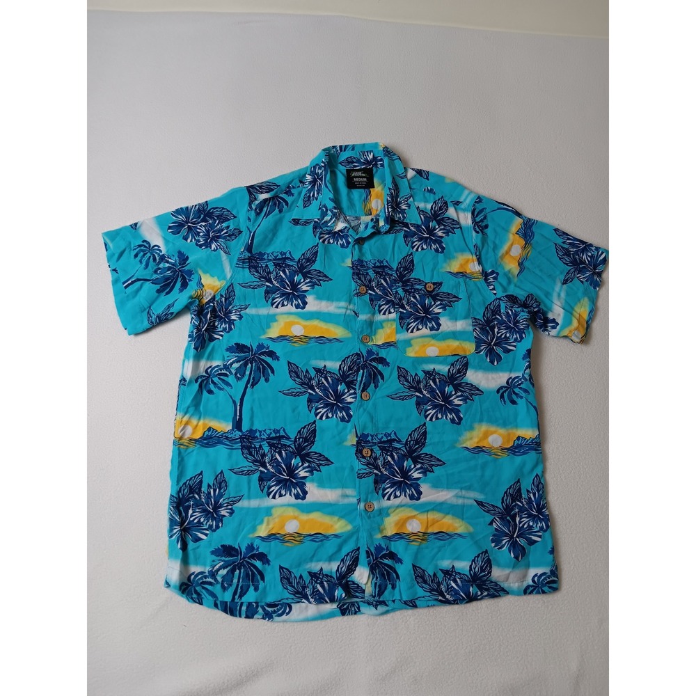 No Fear Mens Medium Blue Tropical Hibiscus Palm Tree Sunset Rayon Hawaiian Shirt